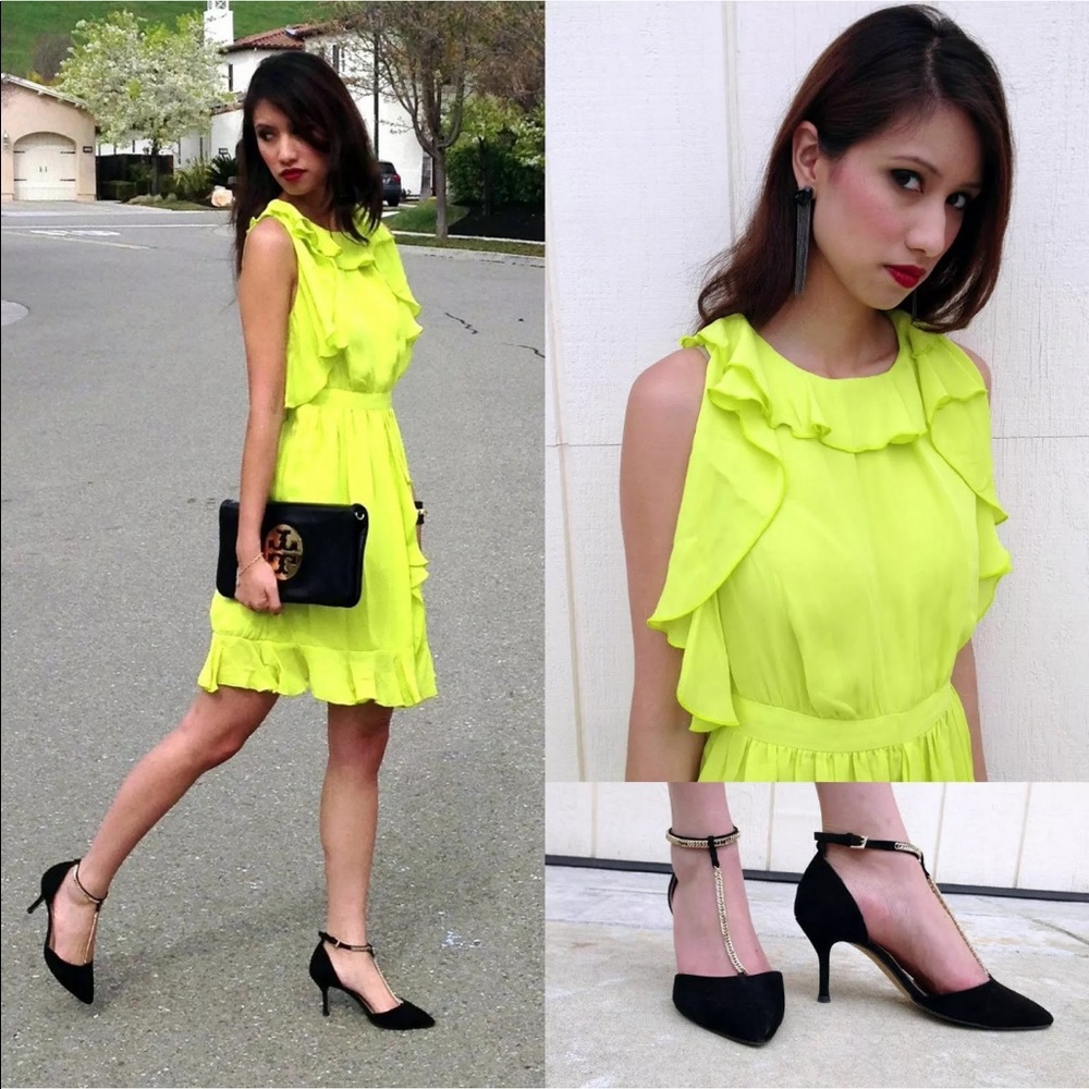 Prabal Gurung Ruffles Short Sleeve Lime Dress 4